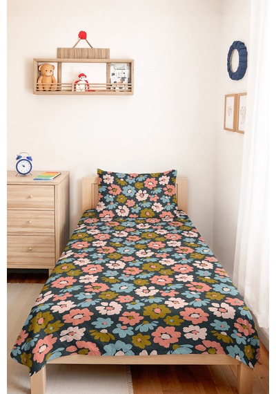 Çiçekli Antrasit Genç Odası Tek Kişilik Pike Takımı-retro Pembe Mavi 160x220cm Kapitone Yatak Örtüsü Fısıltılı Kil İzi