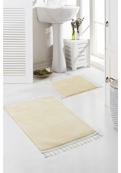 Vl Yıkanabilir Premium Ponpon Saçaklı Kaymaz Taban Post Peluş Banyo Paspası 2'li Takım Antrasit Bej