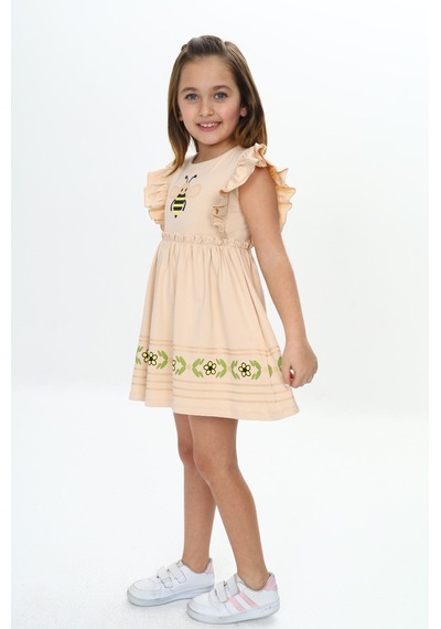 Toontoy Kids Toontoy Kız Çocuk Arı Baskılı Elbise Bej