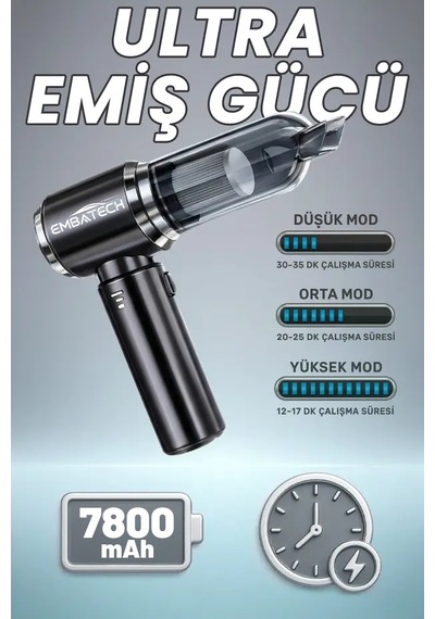 Embatech 16.000 Pa Güçlü Vakumlu Ve Üflemeli Ev Ofis Araç Süpürgesi Güçlü El Süpürgesi Şarjlı Çok Fonksiyonlu 16000 Pa