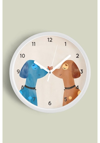 Sevimli Köpekler Modern Duvar Saati - 30cm - Önü Camlı Beyaz Kasa - Sessiz Mekanizma Beyaz