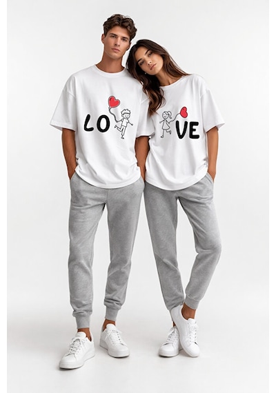 Sevgili Kombini Love Baskılı Çift Tişört Oversize Unisex Partner Beyaz