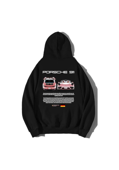 Brz Collection Unisex Oversize Porsche 911 Pink Hoodie Siyah