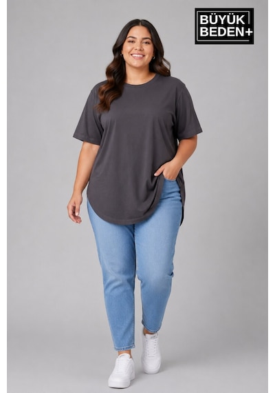 Superlife Büyük Beden Kadın Bisiklet Yaka Basic Oval Etek Detalylı 3xl-6xl Uzun Tunik Spr26btsk502 Antrasit
