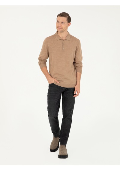 Cacharel Camel Slim Fit Yün Karışımlı Polo Yaka Basic Triko Kazak Kahverengi