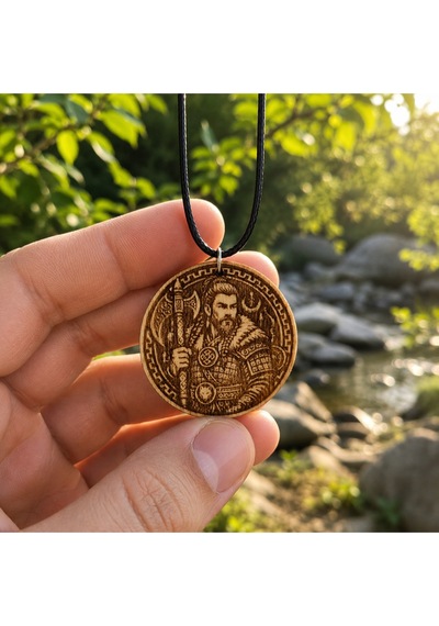 Göktürk Alp Savaşçı Ve Bozkurt Motifli Ahşap Erkek Kolyesi 44 Mm 011 - Kahverengi