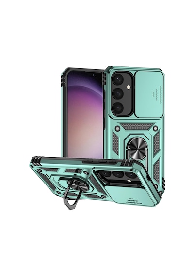 Samsung Galaxy S25 Plus Uyumlu Kamera Sürgülü Tank Kılıf Ve Temperli Cam Ekran Koruyucu Set Yeşil