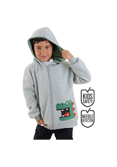 Dinozor Erkek Çocuk Fermuarlı Kapüşonlu Gri Sweatshirt