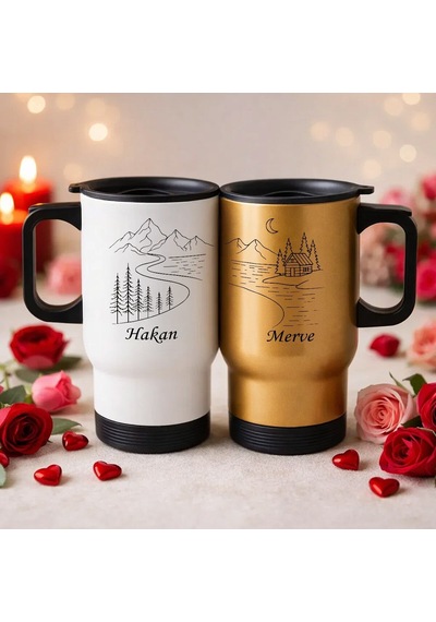 Bk Gift Kişiye Özel Sevgili Çift Tasarımlı 2li Kulplu Beyaz&gold Çelik Termos Mug 450 Ml -3, Sevgiliye Hediye, Sevgililer Günü Hediyesi Kobitmeyencom3