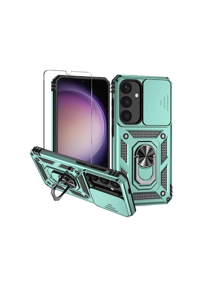Samsung Galaxy S25 Plus Uyumlu Kamera Sürgülü Tank Kılıf Ve Temperli Cam Ekran Koruyucu Set Yeşil