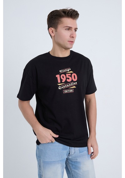 Erkek Oversize Baskılı T-shirt Siyah Vintage 1950 Siyah