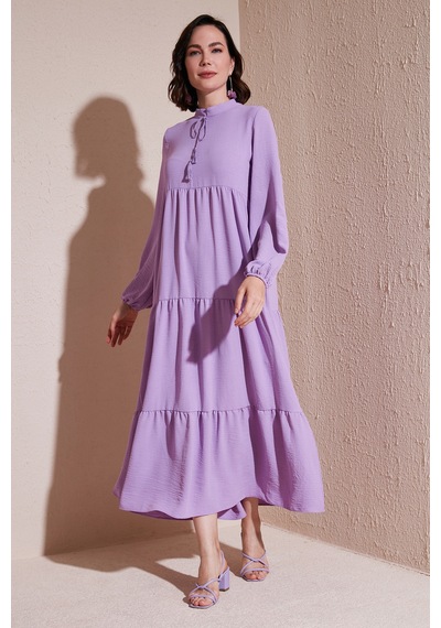 Lela Modest Regular Fit Dik Yaka Uzun Bayan Elbise 611El545 Eflatun