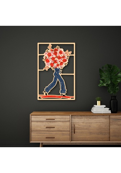Çiçek Buketi Taşıyan Figür - Metal Tablo - Dec0381 33 X 50 Cm Çok Renkli