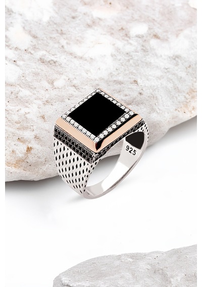 Gümüş Onix Taşlı Süslemeli Kare Model Erkek Yüzük -5121