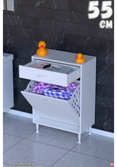 Emir 55 Cm 1 Gözlü Kirli Çamaşır Sepetli Ve Çekmeceli Çok Amaçlı Banyo Dolabı Beyaz