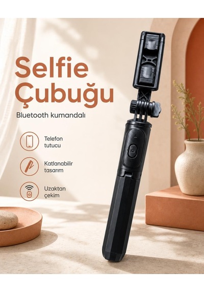 Bluetooth Kumandalı Katlanabilir Telefon Tutuculu Selfie Çubuğu