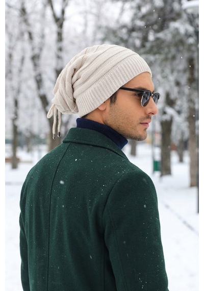 Ritagarcia Unisex Arkası İpli Büzgülü Triko Bere Kışlık Dökümlü Slouchy Beanie Bere Taş Rengi