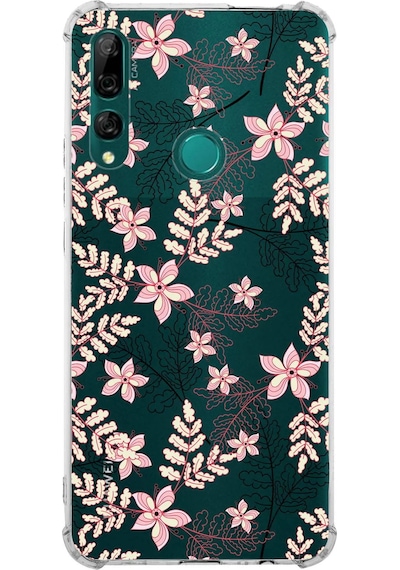 Huawei Y9 Prime 2019 Uyumlu Köşe Korumalı Floral Kırmızı Tasarımlı Şeffaf Silikon Kılıf