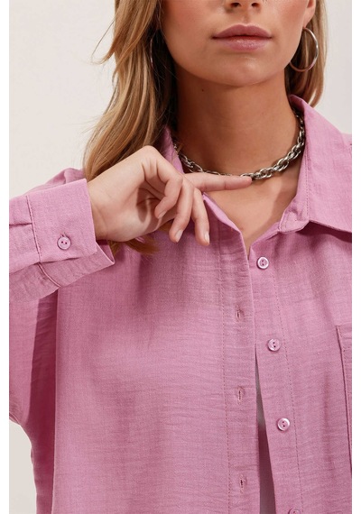 Giyim Dünyası Kadın Tek Cepli Oversize Gömlek Pembe 001