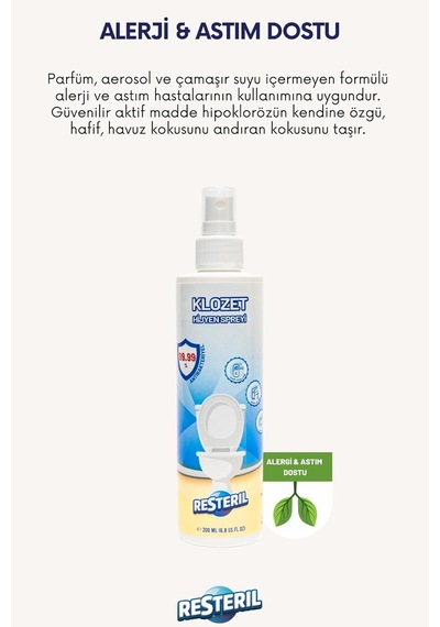 Resteril Klozet Temizleyici Klozet Kapağı Dezenfektan Sprey%99.99 Alkolsüz Sterilizasyon 500 Ml