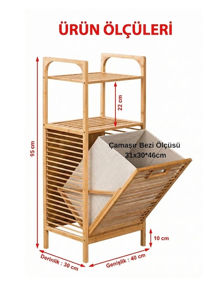 Doğal Bambu Kirli Sepetli 2 Raflı Çok Amaçlı Banyo Düzenleyici Çamaşır Sepeti Organizer Bej