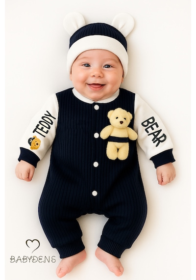 Babyden's Teddy Bear Temalı Yenidoğan Fitilli Tulum Takımı Ayıcıklı Erkek Bebek Tulum Şapka Set %100pamuk Lacivert