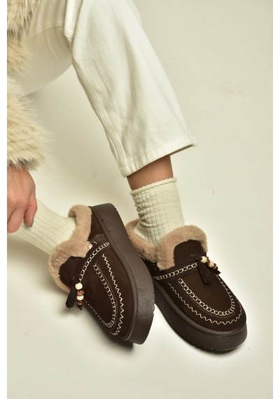 Fox Shoes Z357171661 Kahverengi Süet Hakiki Deri Kürklü Kadın Makosen Terlik