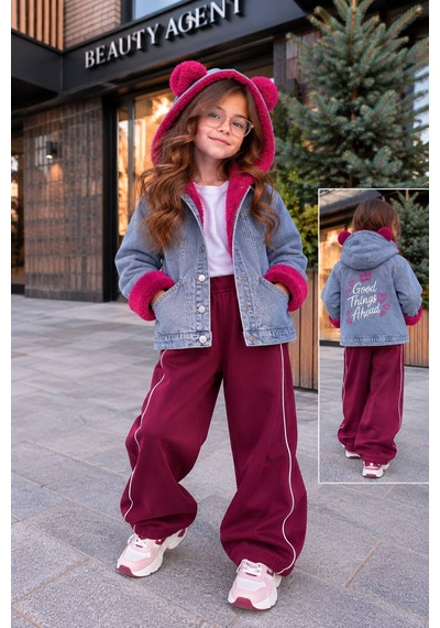 Toikids Kız Çocuk Kapüşonlu İçi Peluş Kürklü Kot Mont Kaban / Tek Parça Fuşya