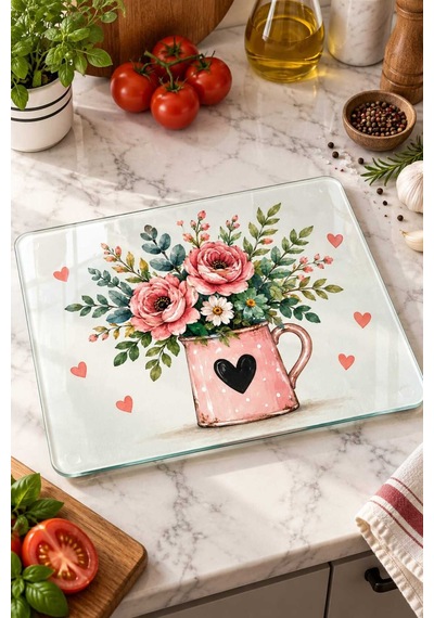 Gökçeoğlu Cam Kesme Tahtası Pembe Kupada Çiçek Temalı - Cam Kesme Tablası 20cm X 30cm Çok Renkli