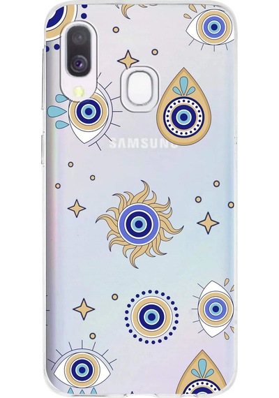 Samsung Galaxy A40 İle Uyumlu 1mm Slim Fit Nazar Boncuğu 5 Baskılı Şeffaf Kılıf Şeffaf