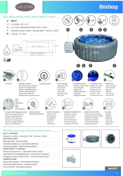 Lay-z-spa 6001t Santorini Smart Hydrojet Pro Enerji Tasarruflu Şişme Spa Havuzu, Mobil Uygulama Kontrollü, 5-7 Kişilik Gri