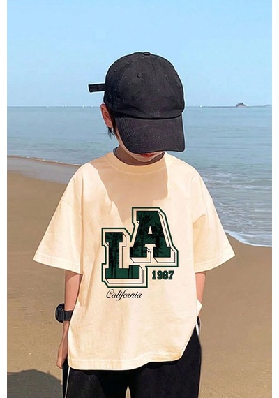 Uyguntarz Unisex Çocuk Los Angles Baskılı Pamuklu Tshirt Bej