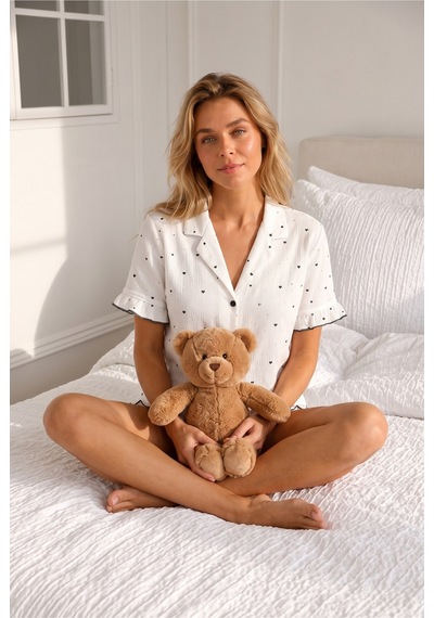 Kadın Viskon Kısa Kol Regular Beyaz Pijama Takımı