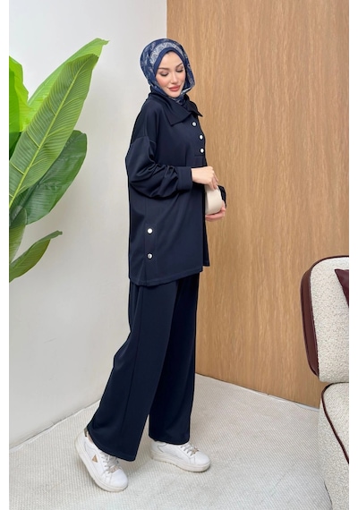 Mihran Butik Soho Elegance Yaka Detaylı Kadın Tesettür Alt Üst Takım Lacivert