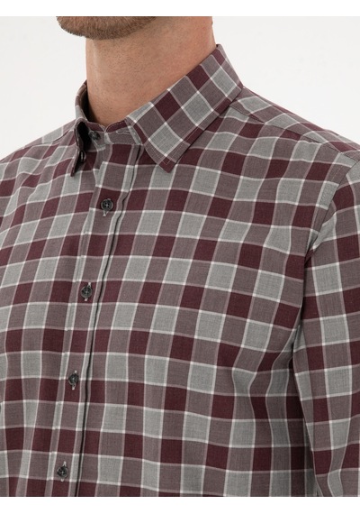 Cacharel Bordo Slim Fit %100 Pamuk Kareli Gömlek Kırmızı