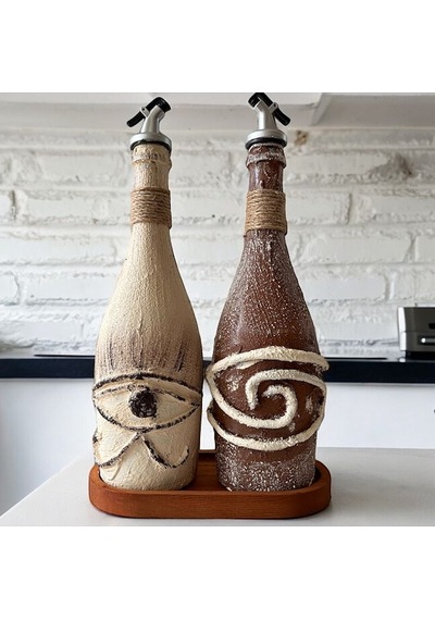 El Yapımı Mitolojik Desenli Sunum Stantlı 2'li 750 Ml Zeytinyağı Sıvıyağ Yağdanlık Yağlık Sirkelik Çok Renkli