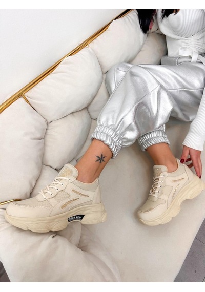Erva'nın Butiği Bej Cilt Leo Leopar Detaylı Kadın Bağcıklı Sneakers-5201
