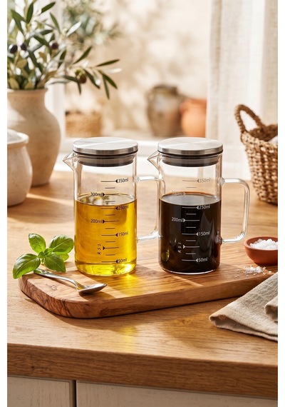 Borosilikat 2'li Cam Yağlık Ve Sirkelik Seti 350 Ml - Ölçü Çizgili - Çelik Kapak Şeffaf