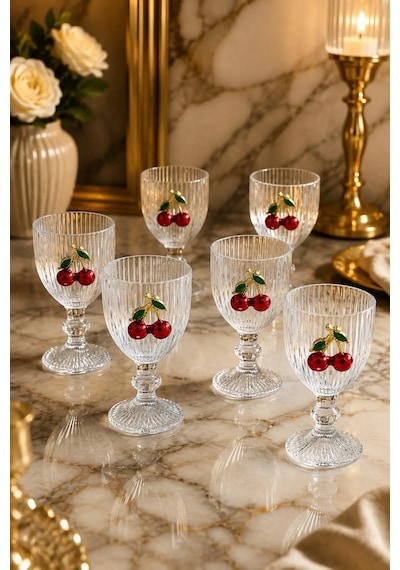 6 Lı Kristal Cam Kahve Yanı Bardağı Kiraz Bardak Kirazlı 75ml