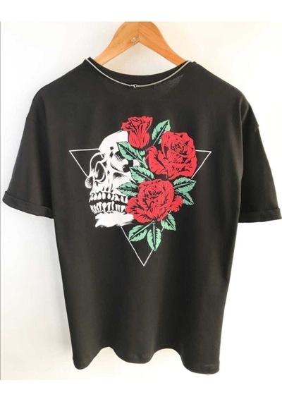 Noıssey Wed Unisex Güllü Kuru Kafa Baskılı Oversize Penye T-shirt Tişört Siyah