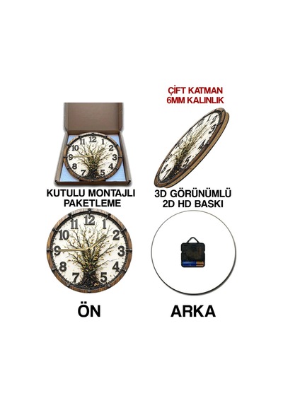 Doğanın Kalbinden Gelen Tasarım: 3d Görünümlü Ağaç Motifli Mdf Duvar Saati 33 Cm Sdw287 Renkli
