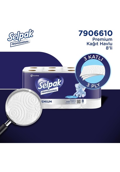 Premium Havlu Kağıt, 8 Rulo Açık Mavi - Beyaz