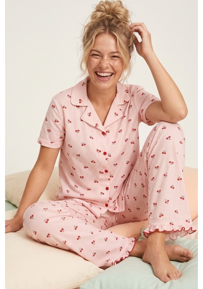 Siyah İnci İnce Soft Örme Mevsimlik Düğmeli Pijama Takımı 8043 Somon
