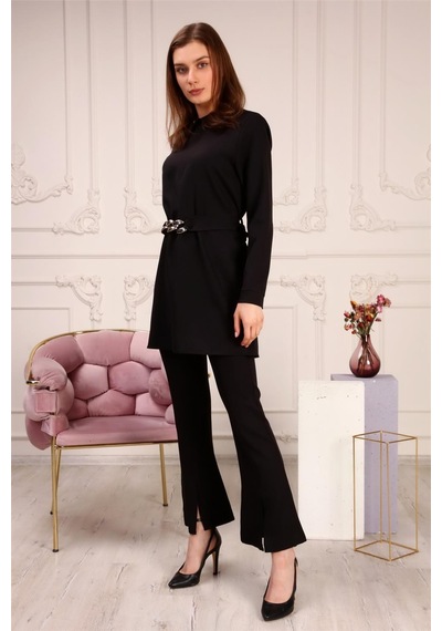 Bwest Zincir Kemerli Sade Basic Tunik Pantolon İkili Takım - 70007 - Siyah-458 Siyah