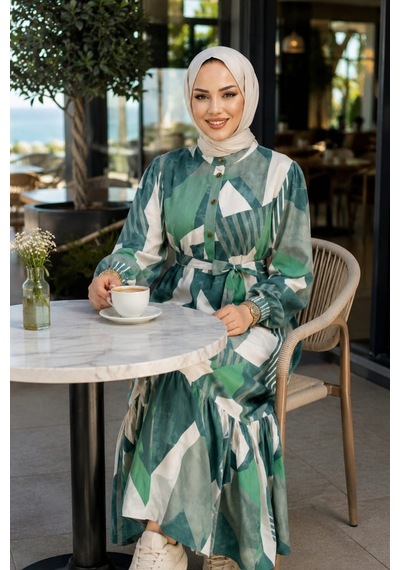 Hb Harma Time Butik Kadın Kuşaklı Viskon Kumaş Tesettür Yeşil Elbise Yeşil Yeşil