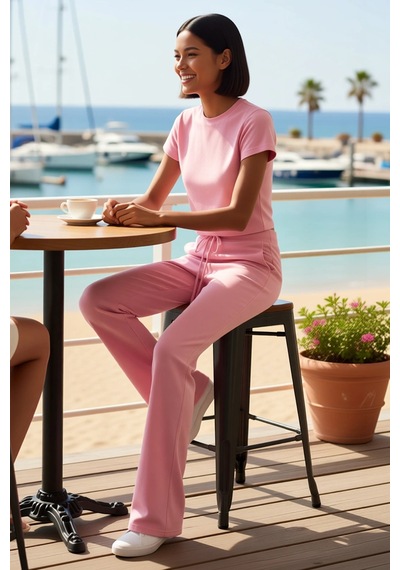 Benerly Kadın Büyük Beden Crop Top Ispanyol Paça Takım Bisiklet Yaka Kısa Pembe