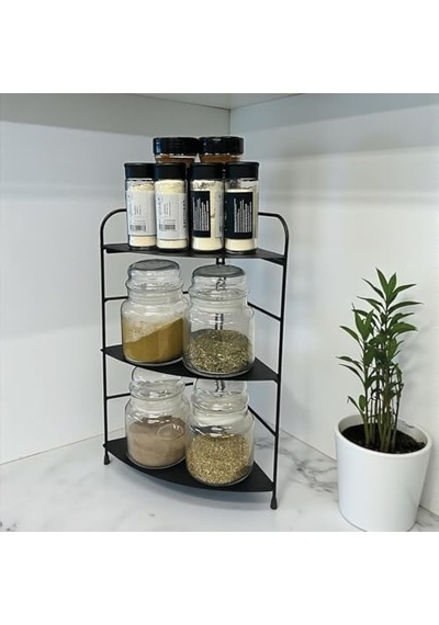 Banyo Mutfak Düzenleyici Organizer Köşe Rafı - Ayarlanabilir 3 Raflı Baharatlık Siyah Çok Renkli