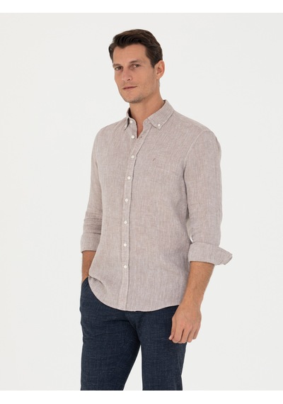 Cacharel Kahverengi Slim Fit %100 Keten Gömlek