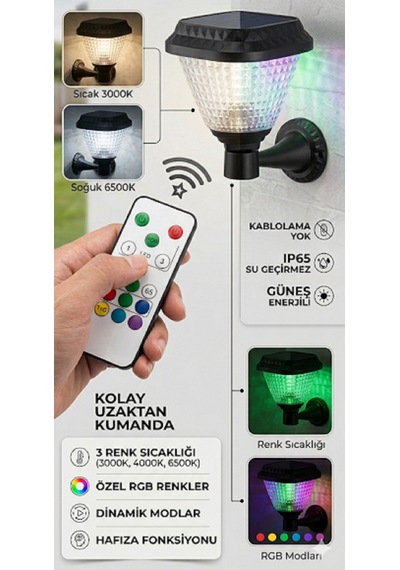 Kumandalı Rgb Solar Duvar Lambası Dış Mekan 30 W Su Geçirmez