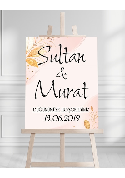 Söz Nişan Düğün İçin 50x70 Karşılama Panosu - Pembe Ve Altın Çiçek Desenli Beyaz